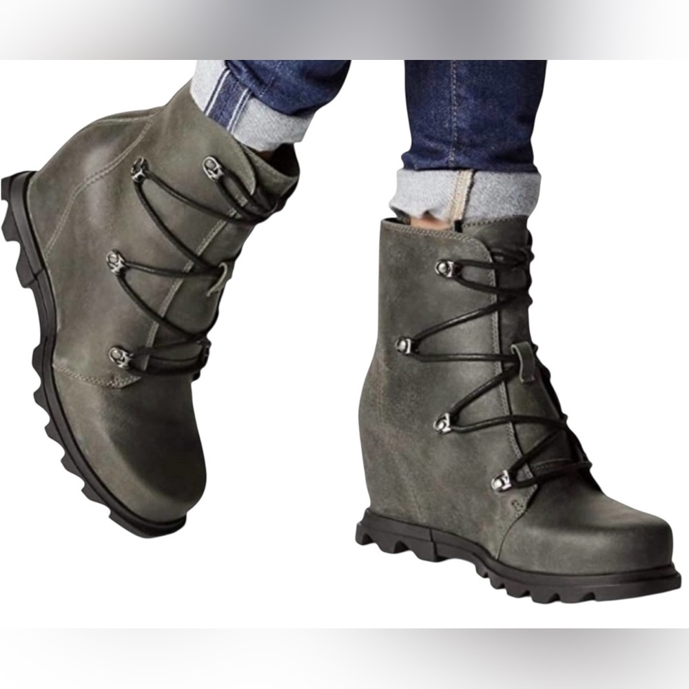 SOREL Joan Of Arctic Wedge III Booties Distressed Grey Leather Waterproof Sz 7.5